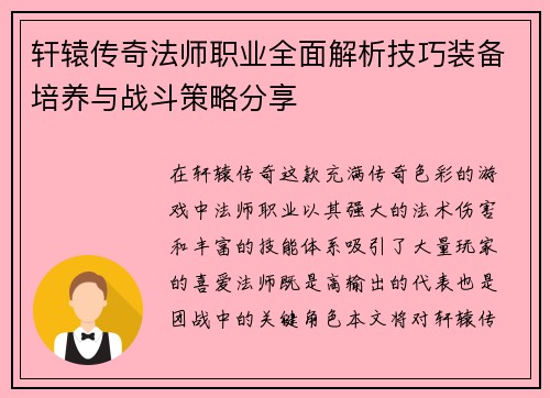 轩辕传奇法师职业全面解析技巧装备培养与战斗策略分享